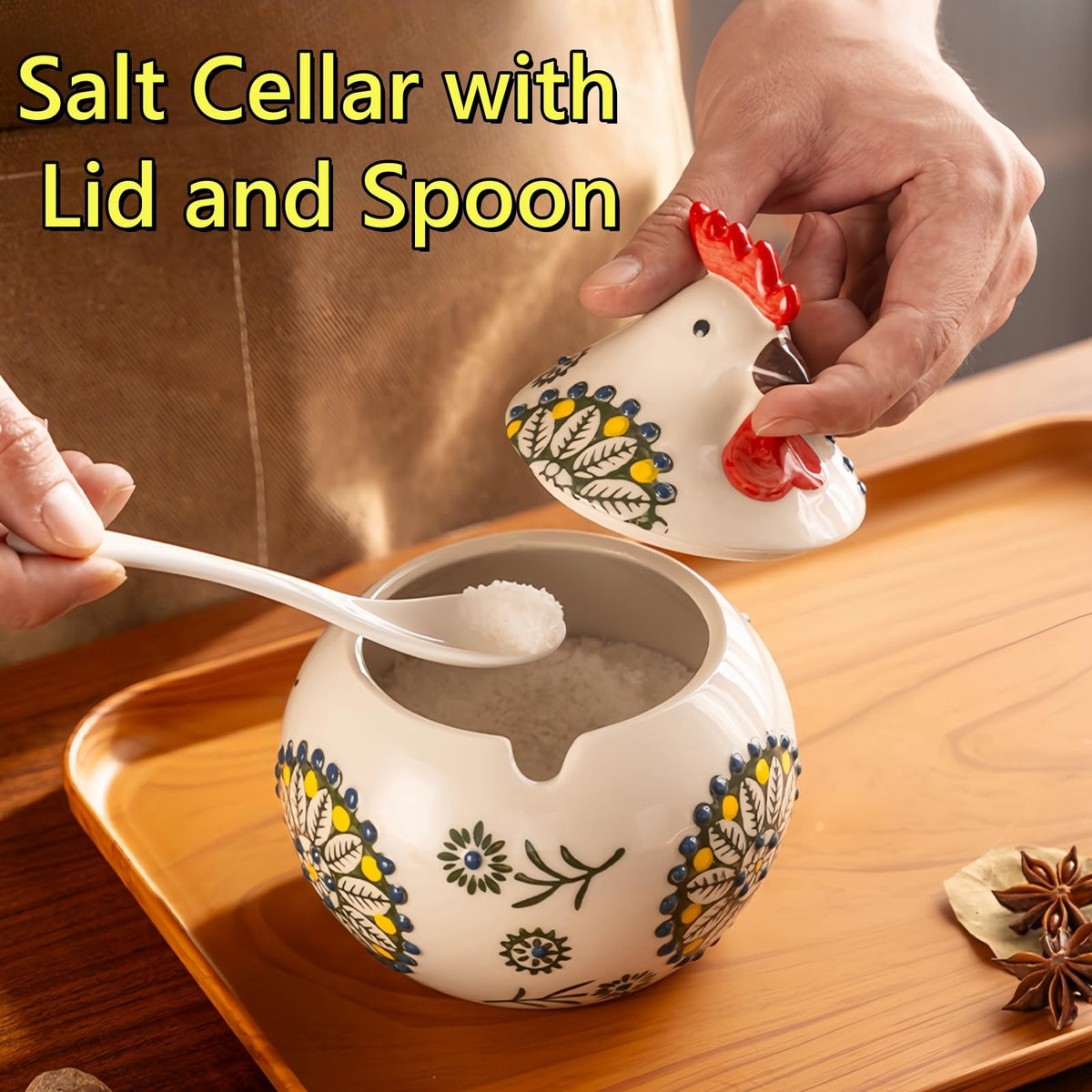 Frezonika blue rooster countertop decor doubles as a spice and sugar jar.