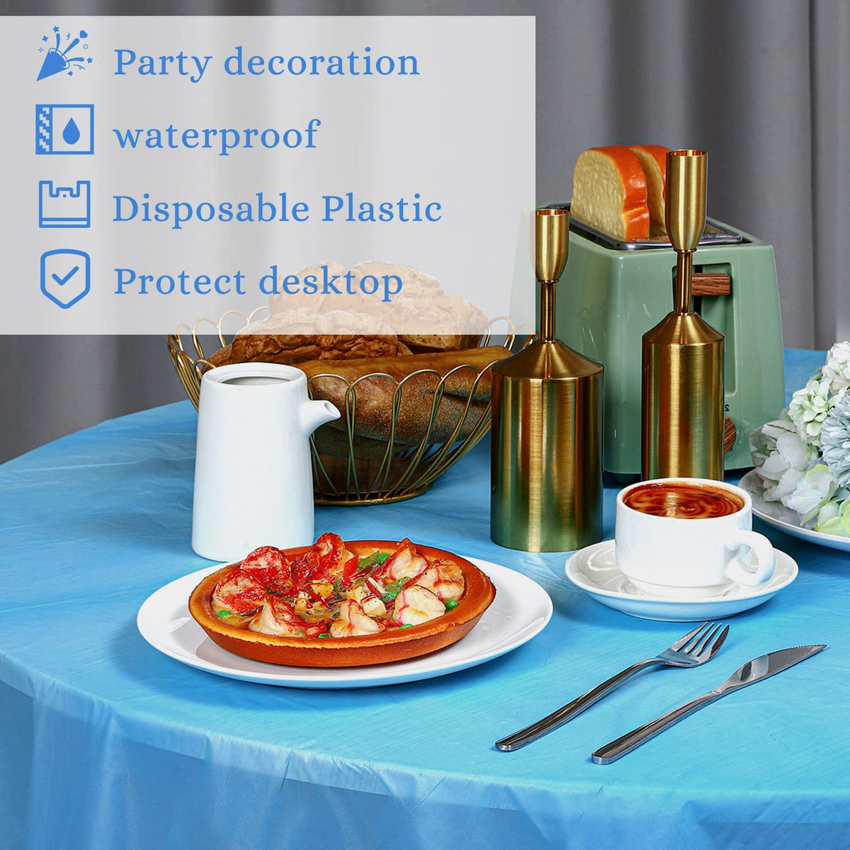 Frienda lake blue round tablecloth 84in, bright color for photoshoots.