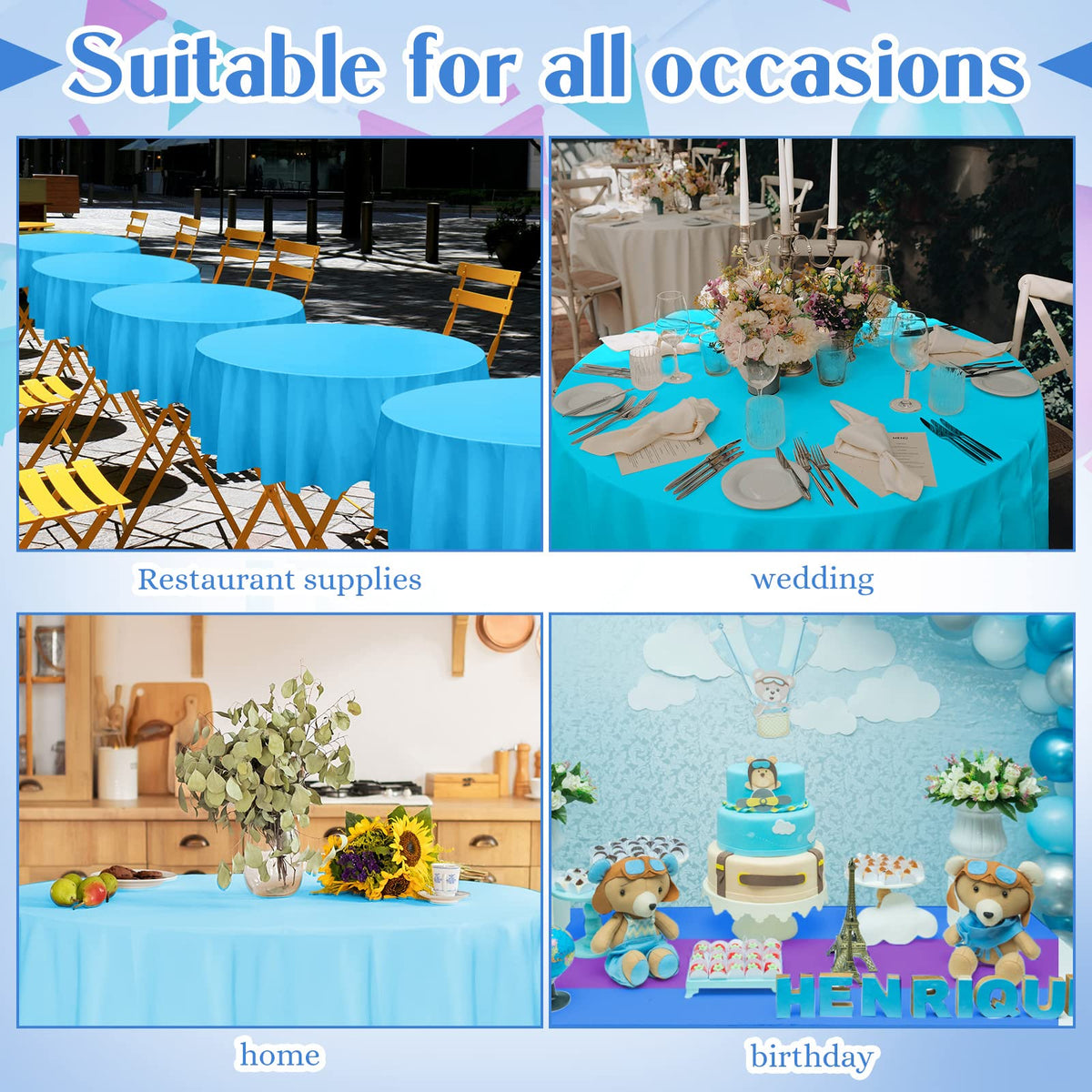 Frienda round tablecloth coverage for cleanups and decoration.