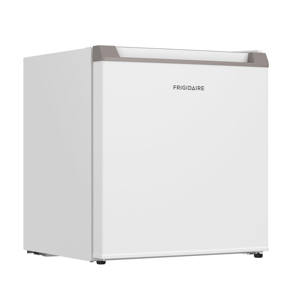 Frigidaire 1.6 cu ft compact fridge front view in white, ideal for small spaces.