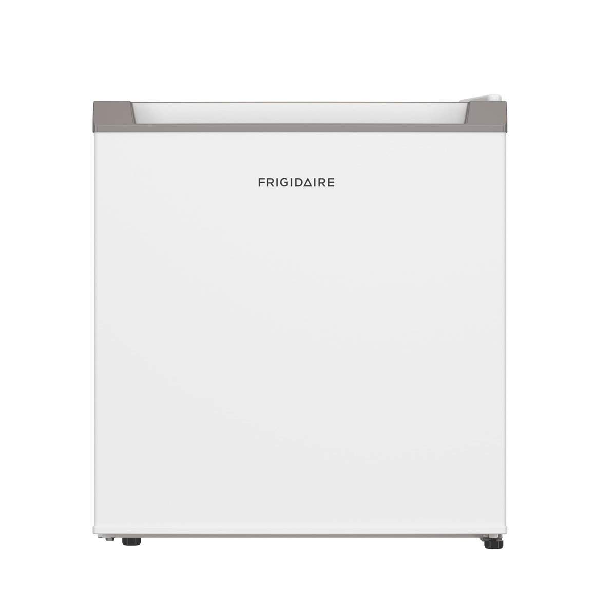 Frigidaire compact fridge side view shows reversible doors for flexible placement.
