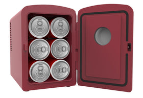 Frigidaire fridge supports 12V car adapter and home outlet.