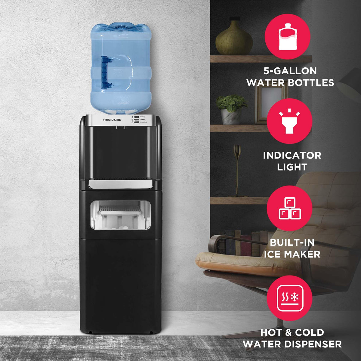 Frigidaire 3-in-1 hot water dispenser ready for tea or coffee tasks