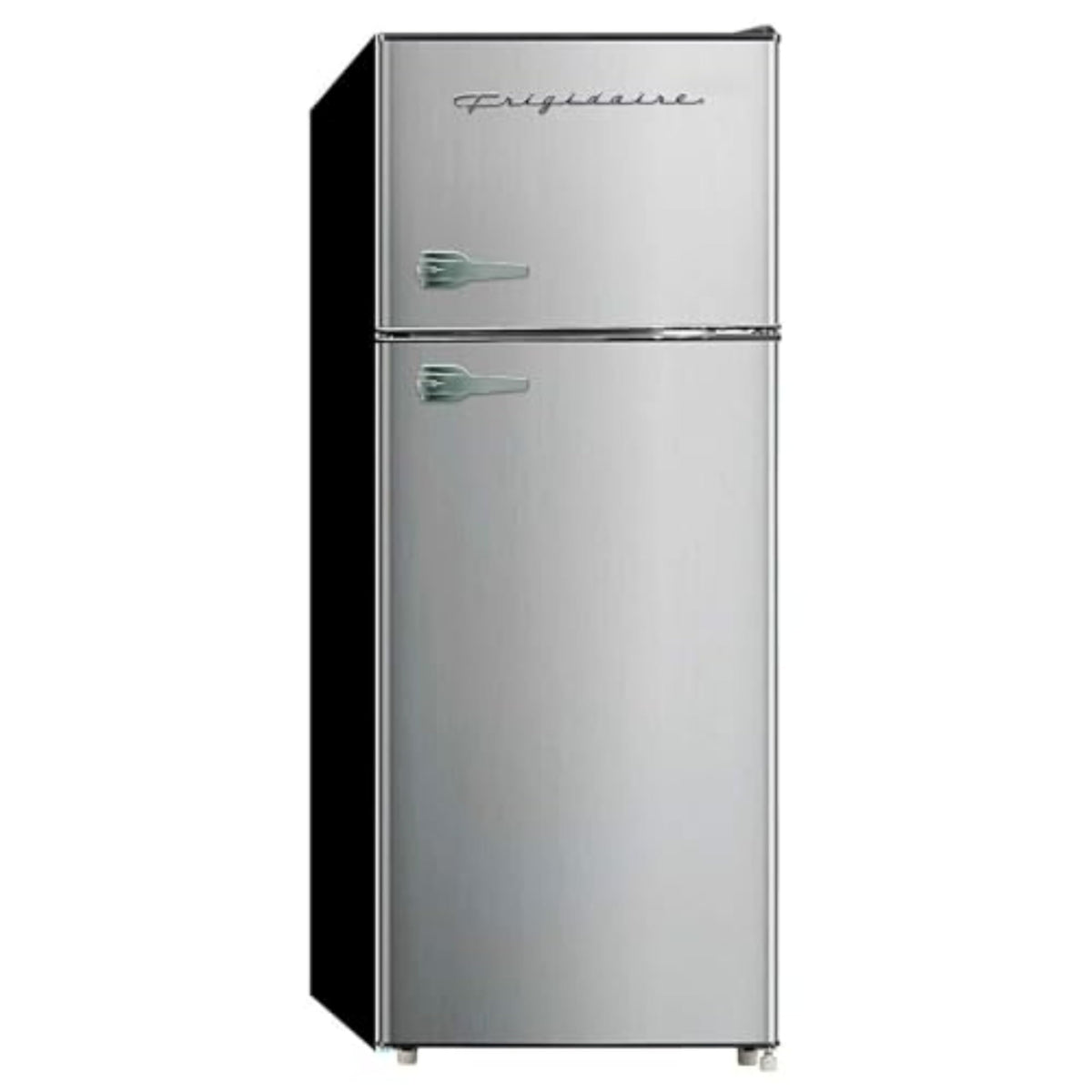 Frigidaire apartment-size fridge front view, compact design for small kitchens.