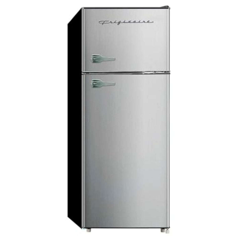 Frigidaire apartment-size fridge front view, compact design for small kitchens.
