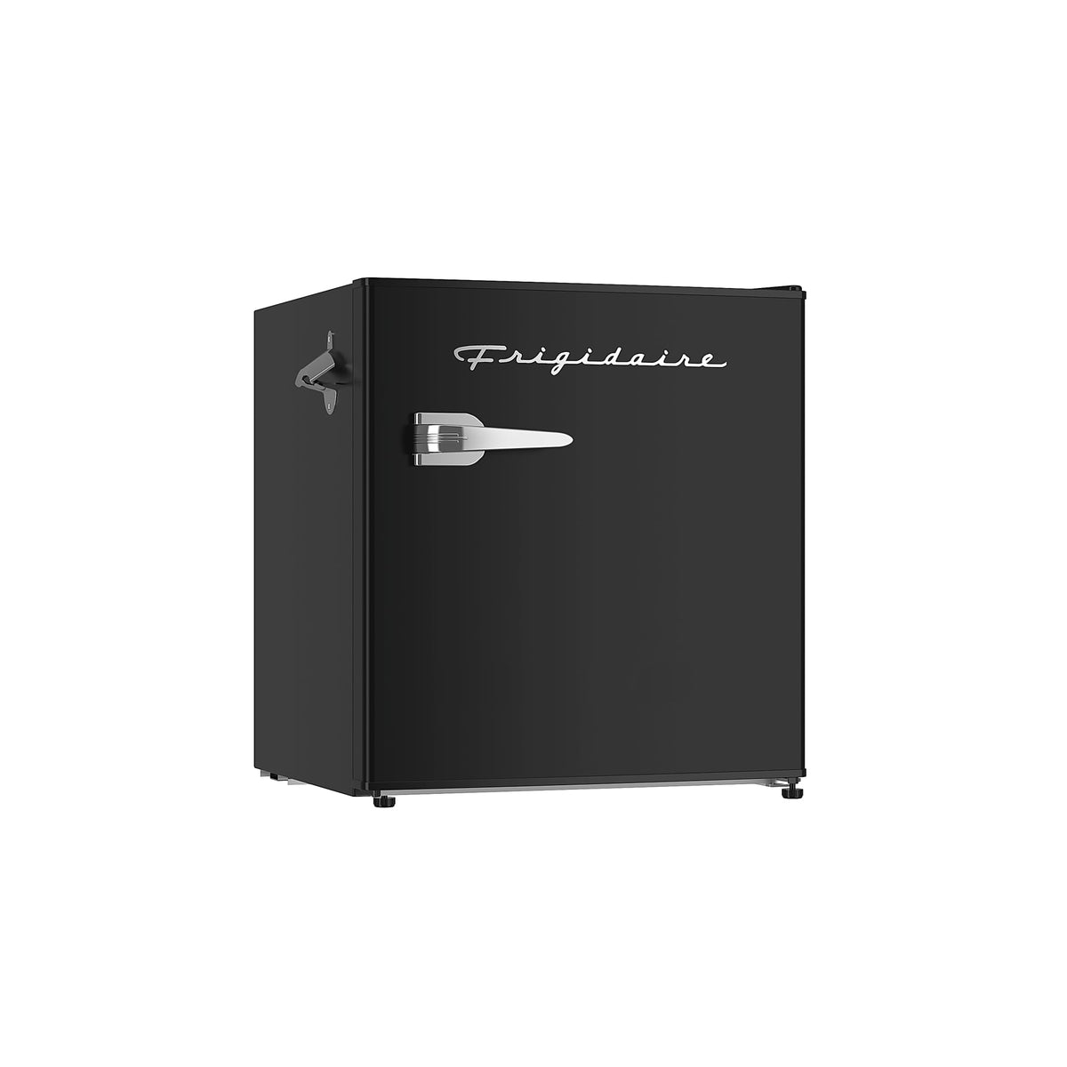 Frigidaire black retro mini fridge front view with built-in bottle opener for easy access.