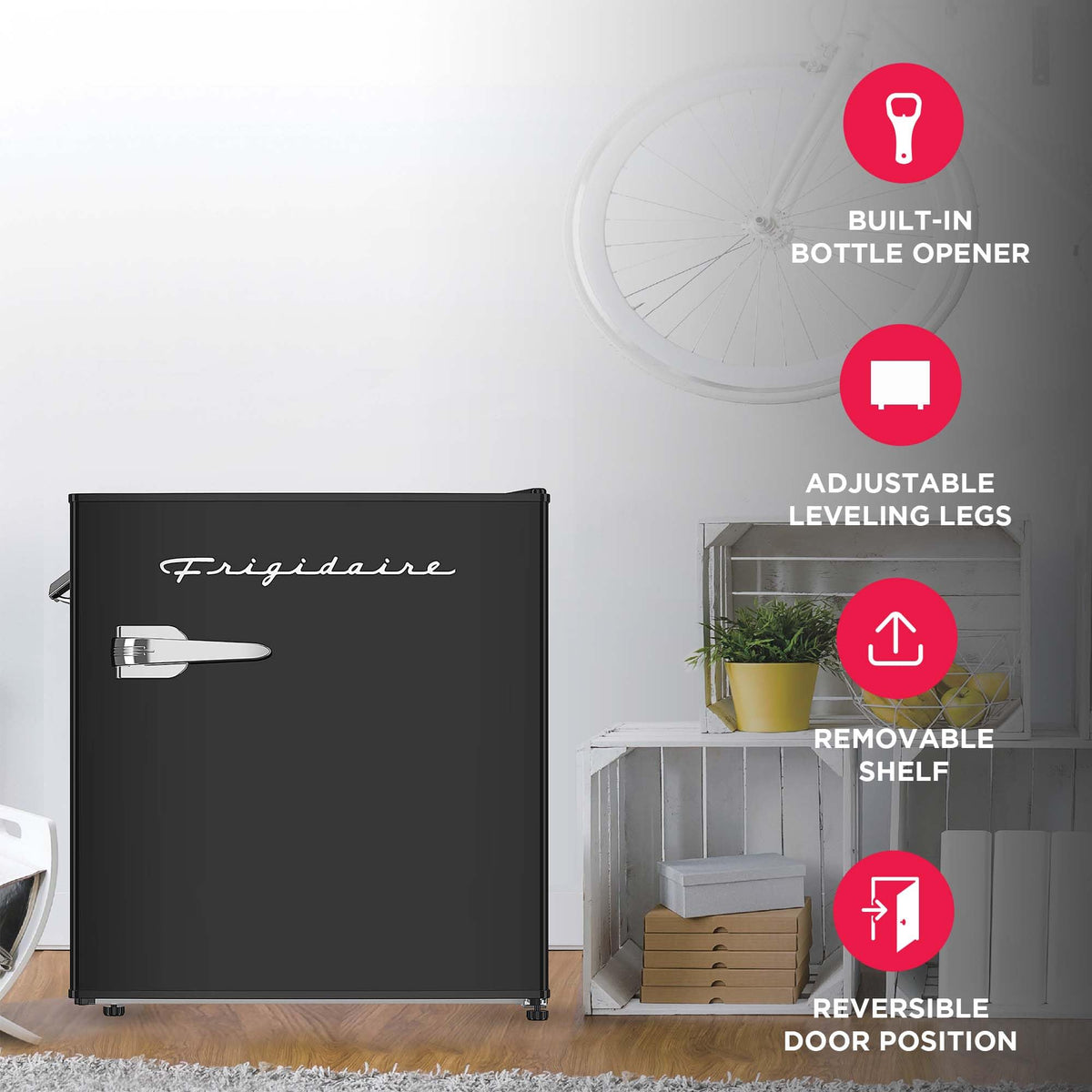 Frigidaire black retro mini fridge ice cube tray ensures cold beverages on demand.