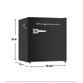 Frigidaire black retro mini fridge reversible door supports flexible room placement.