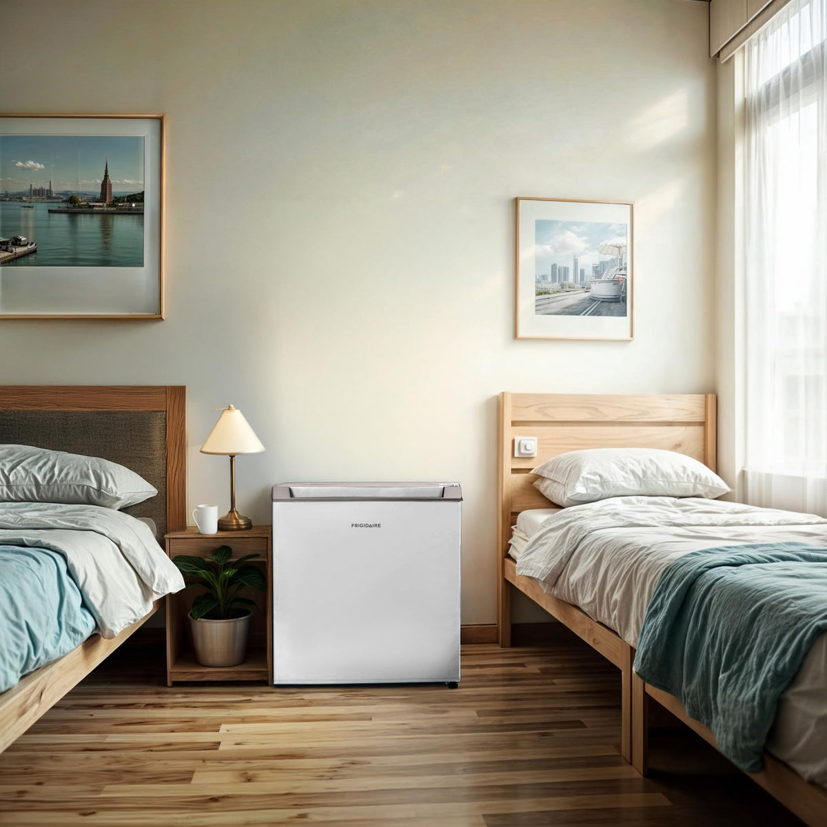 Frigidaire compact fridge interior with adjustable shelves for flexible storage.