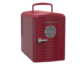 Frigidaire crocodile red mini fridge front view, ideal for desk-side drinks.