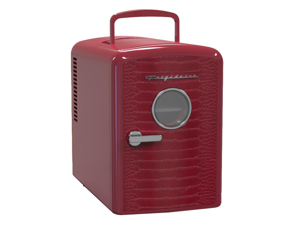 Frigidaire crocodile red mini fridge front view, ideal for desk-side drinks.