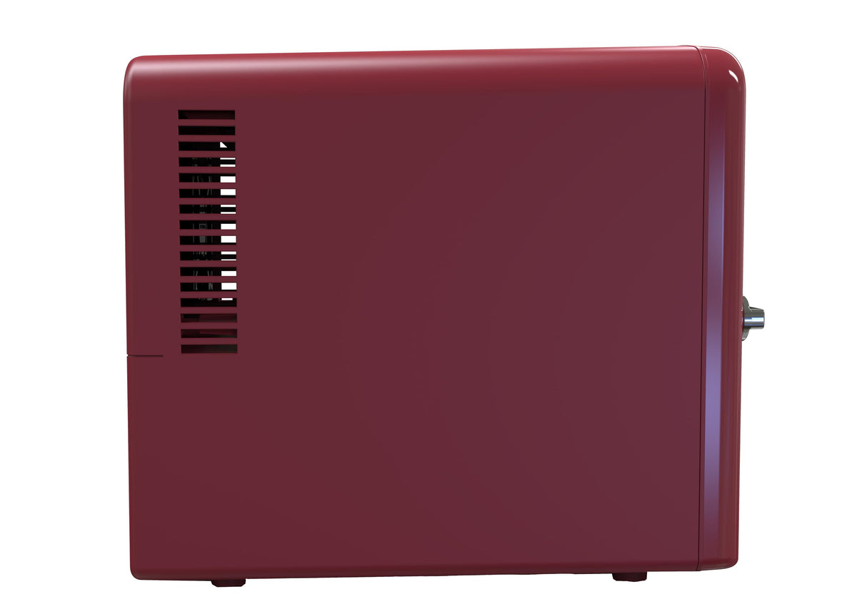 Frigidaire crocodile red mini fridge used for skincare storage.