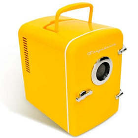 Frigidaire Curtis EFMIS151 yellow mini-fridge for on-the-go cooling and organization.