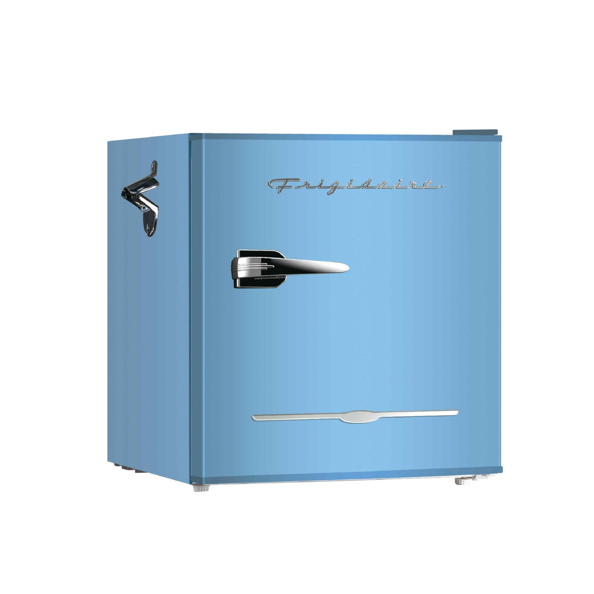 Frigidaire EFR176 blue front view showing compact storage and bottle opener.
