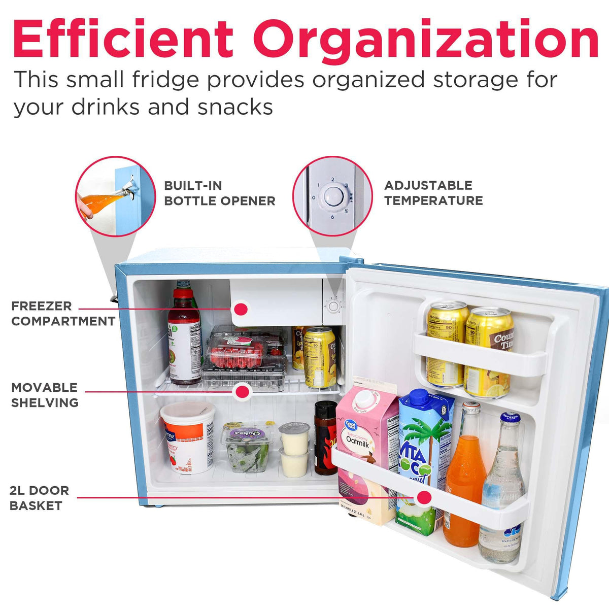 Frigidaire EFR176 blue interior wire shelf for organized beverages.