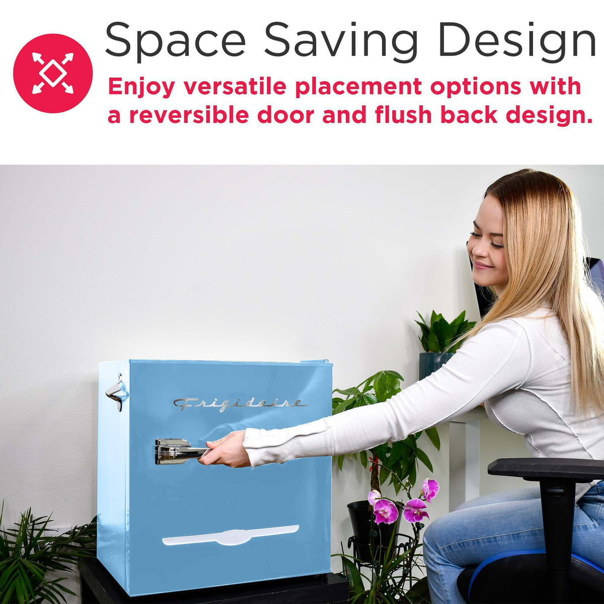 Frigidaire EFR176 blue reversible door for flexible placement.
