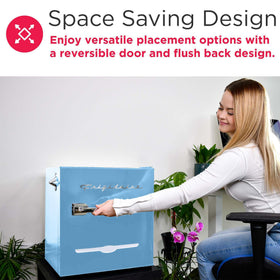 Frigidaire EFR176 blue reversible door for flexible placement.