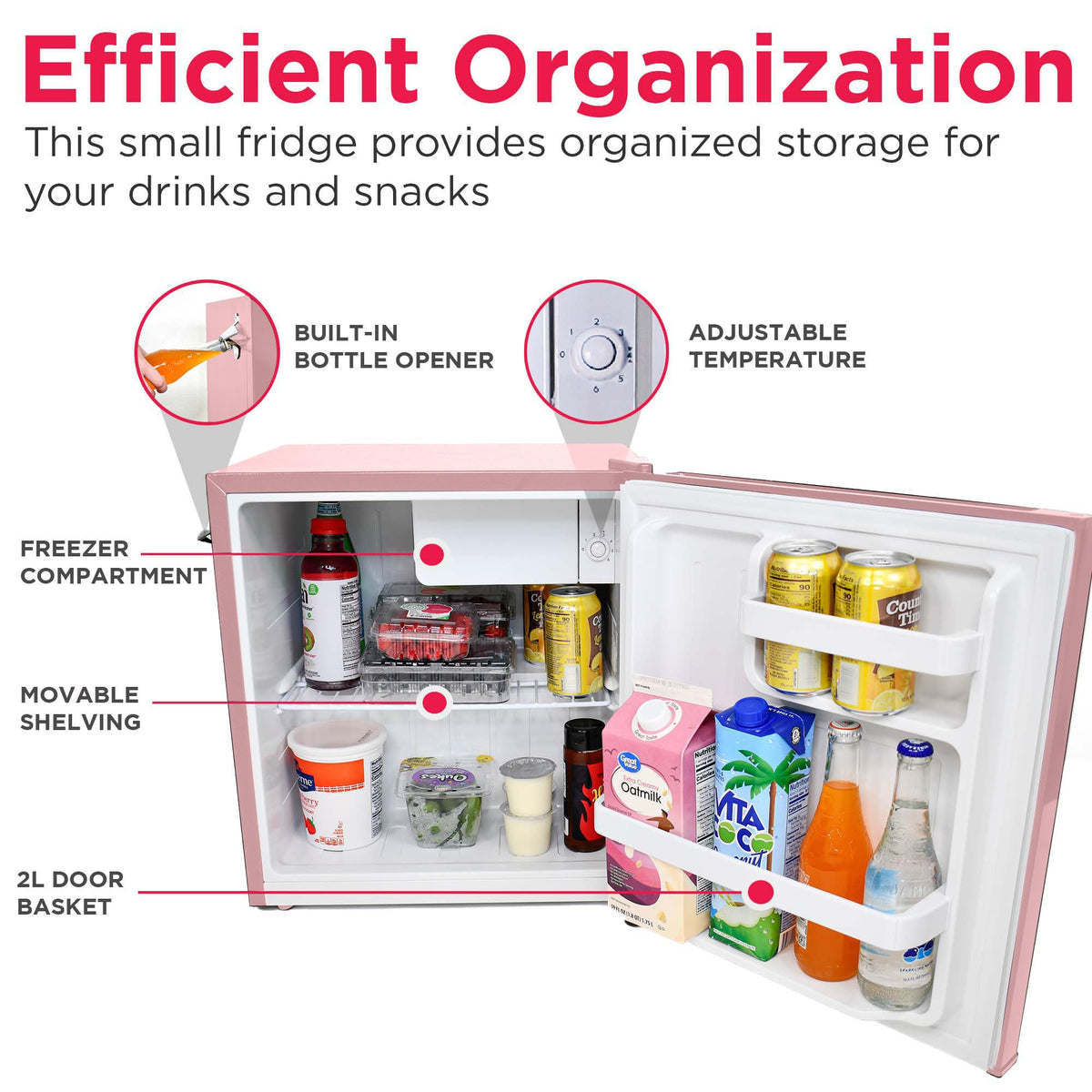 Frigidaire EFR176 pink 2L door basket fits large bottles and tall cans.