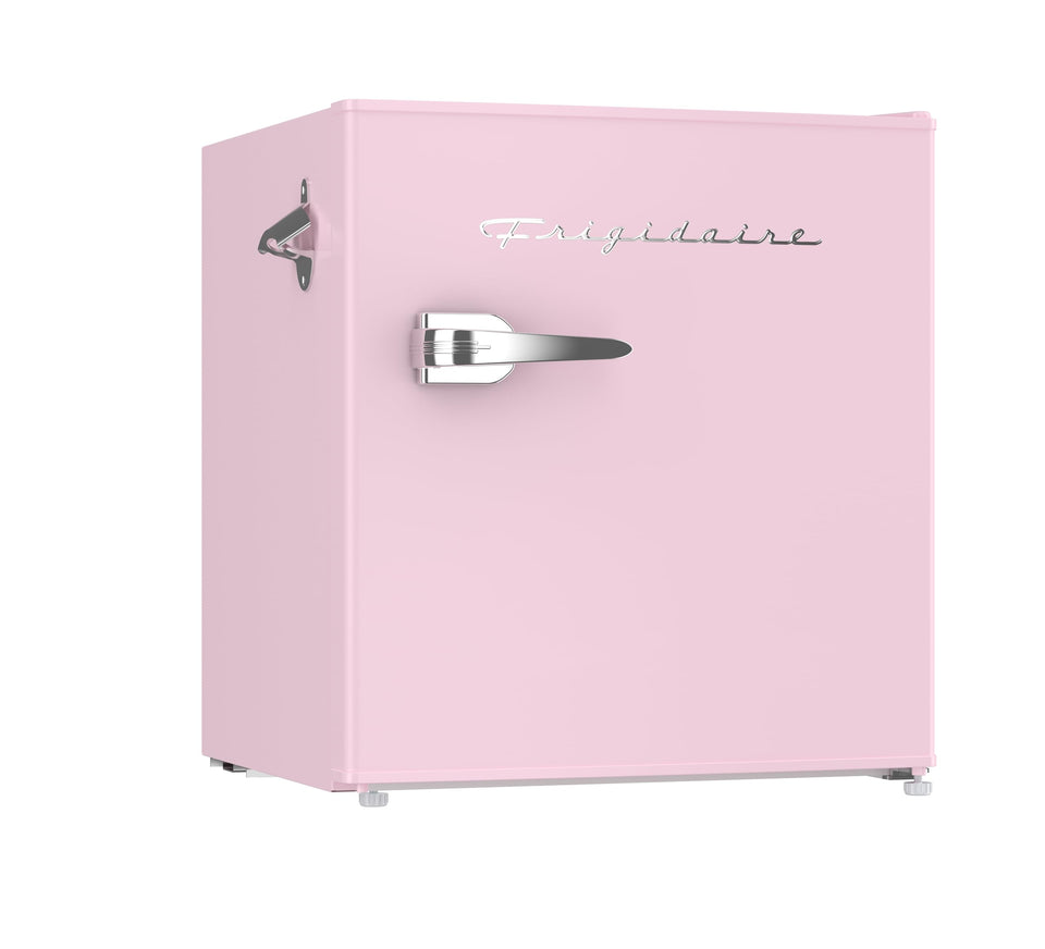 Frigidaire EFR176 pink compact fridge front view, ideal for dorms and desks.