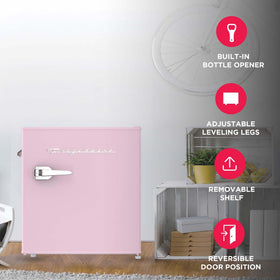 Frigidaire EFR176 pink interior with wire shelf keeps drinks organized and accessible.