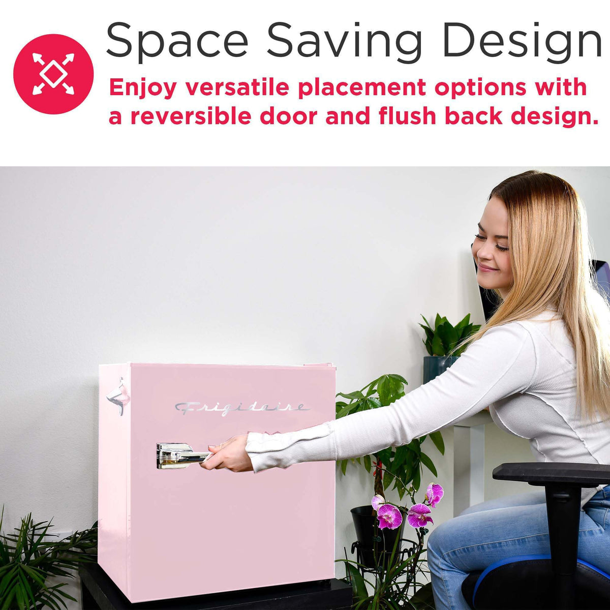 Frigidaire EFR176 pink reversible door enables flexible placement in small spaces.