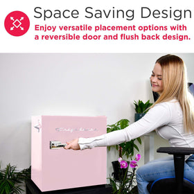Frigidaire EFR176 pink reversible door enables flexible placement in small spaces.