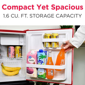 Frigidaire EFR176-RED with side bottle opener keeps beverages accessible.
