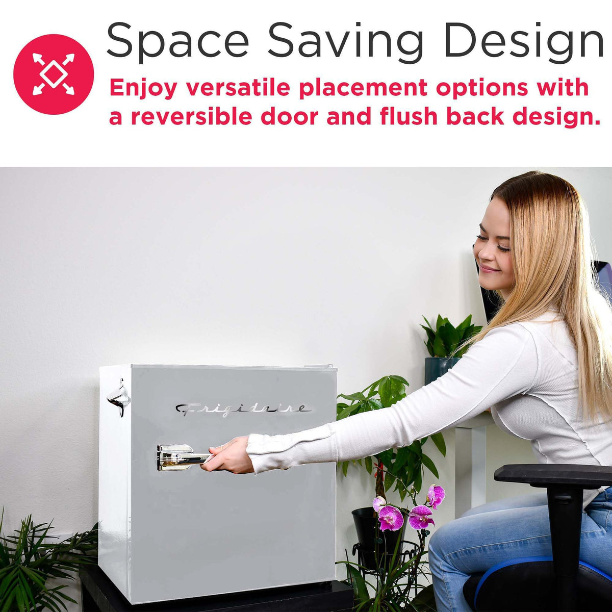 Frigidaire EFR176 reversible door enables flexible placement Moonbeam