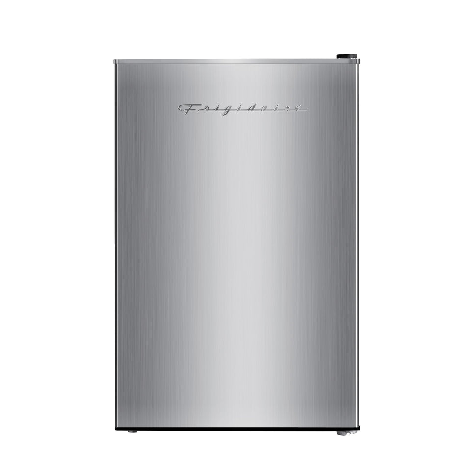 Frigidaire EFR321-AMZ mini fridge stainless steel front view for small spaces.