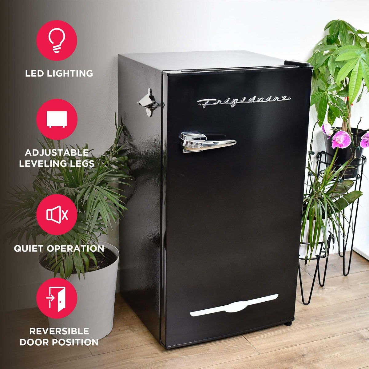 Frigidaire EFR376-BLACK interior shelves keep drinks organized.