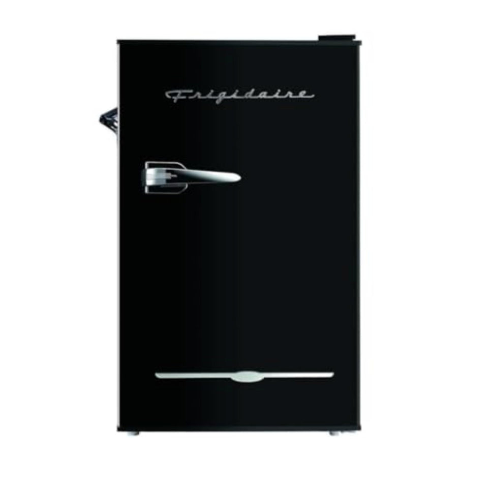 Frigidaire EFR376-BLACK retro fridge front view showing compact design for small spaces.
