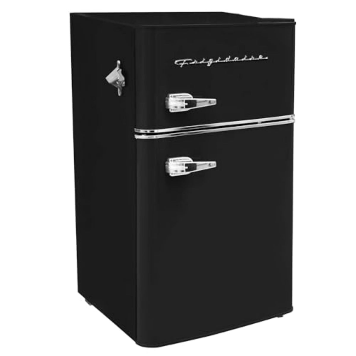 Frigidaire EFR840 front view in black, compact retro mini fridge for small spaces.
