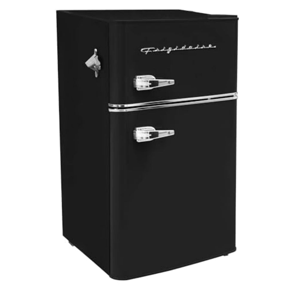 Frigidaire EFR840 front view in black, compact retro mini fridge for small spaces.