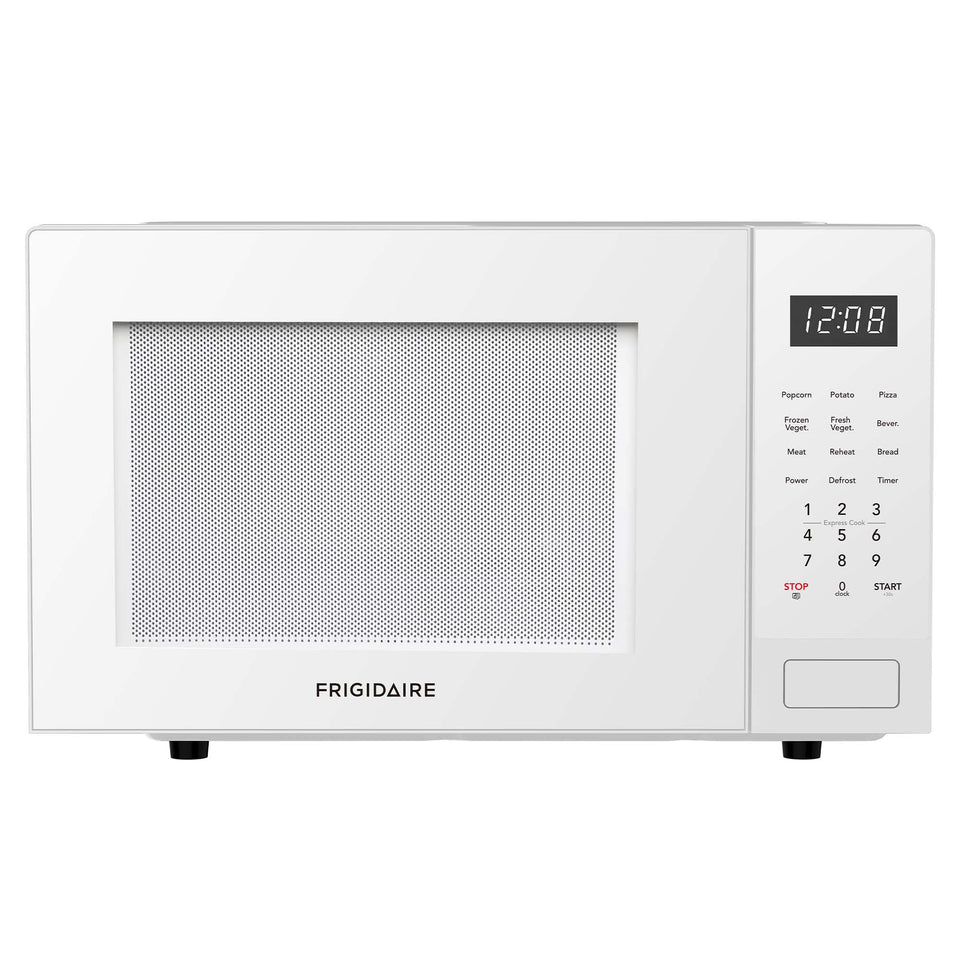 Frigidaire EM0953WHTE microwave front view; compact design ideal for small kitchens.
