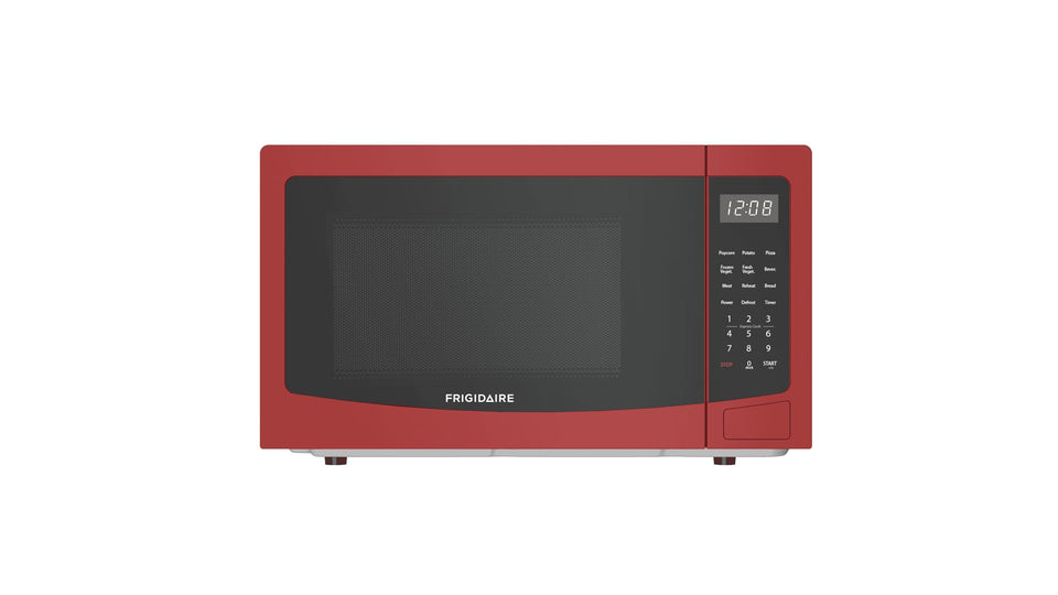 Frigidaire EMW1132-RED front view; stylish red finish for quick meal reheats