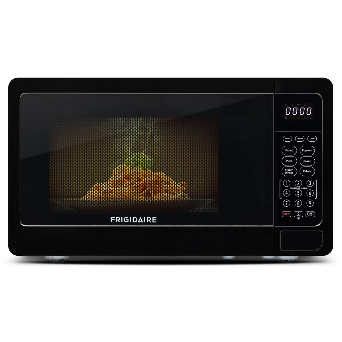 Frigidaire EMW733BLACKAMZ microwave front view in sleek black, ideal for small kitchens.