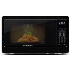 Frigidaire EMW733BLACKAMZ microwave front view in sleek black, ideal for small kitchens.