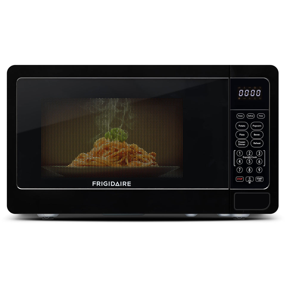 Frigidaire EMW733BLACKAMZ microwave front view in sleek black, ideal for small kitchens.