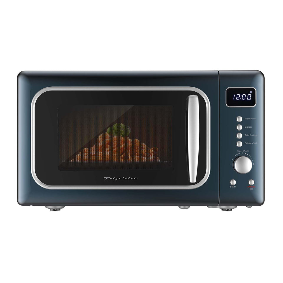 Frigidaire EMW788RETRO azure front view highlights compact retro design for small kitchens