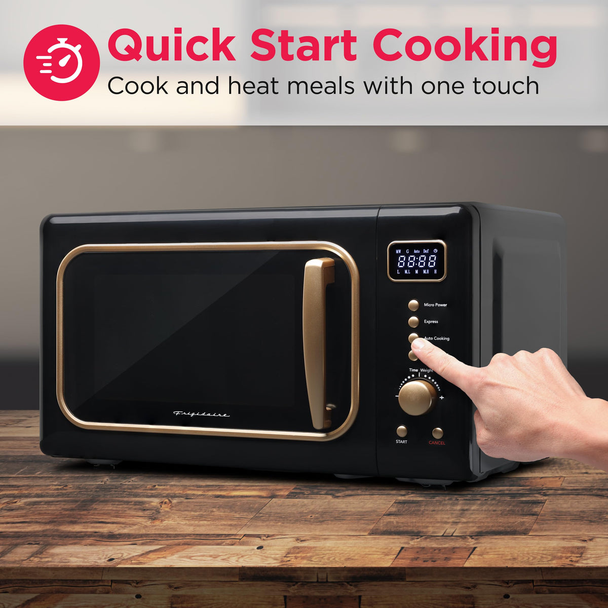 Frigidaire EMW788RETRO control panel emphasizes simple operation for quick meals.