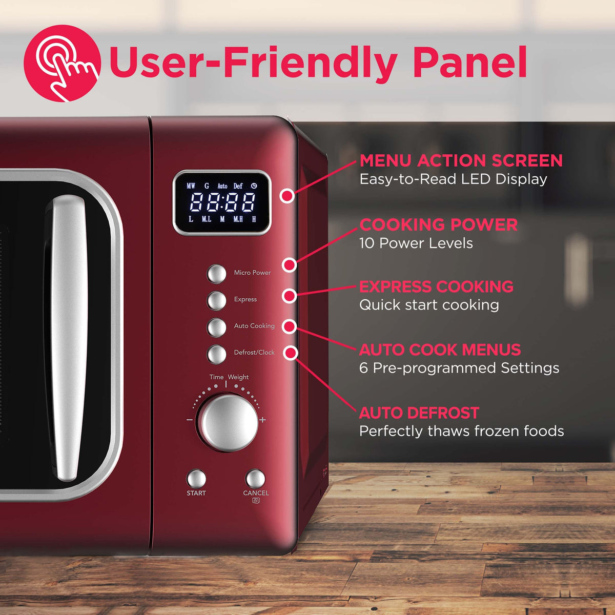 Frigidaire EMW788RETRO knob detail highlights oversized retro control for easy use.