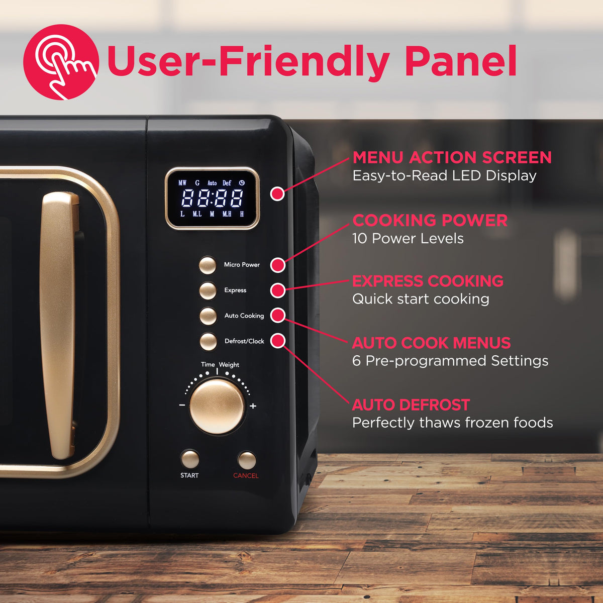 Frigidaire EMW788RETRO oversized knob conveys retro charm and easy dialing.
