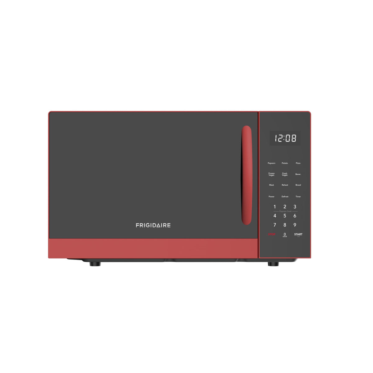 FRIGIDAIRE EMW953RED microwave front view showing compact red design for small kitchens