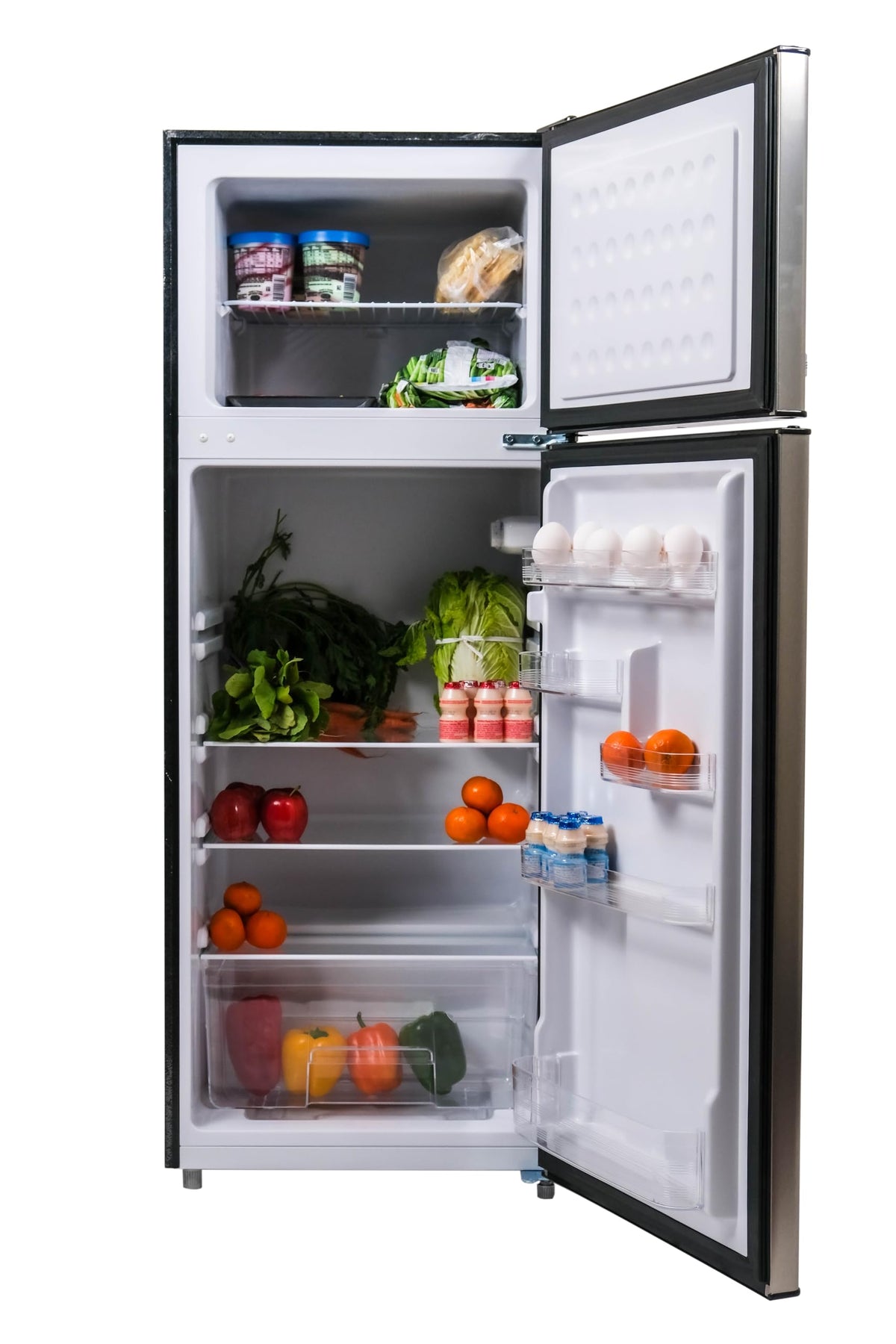 Frigidaire glass-shelf interior showing organized storage for quick access.