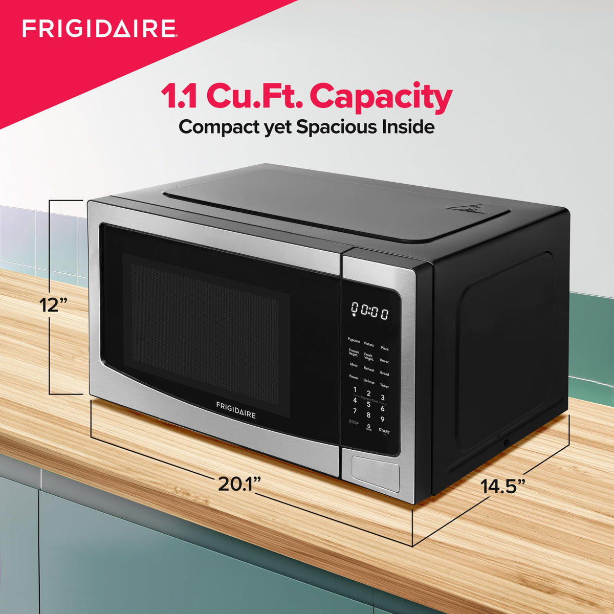 Frigidaire microwave with door open showcasing accessible interior and easy cleanup