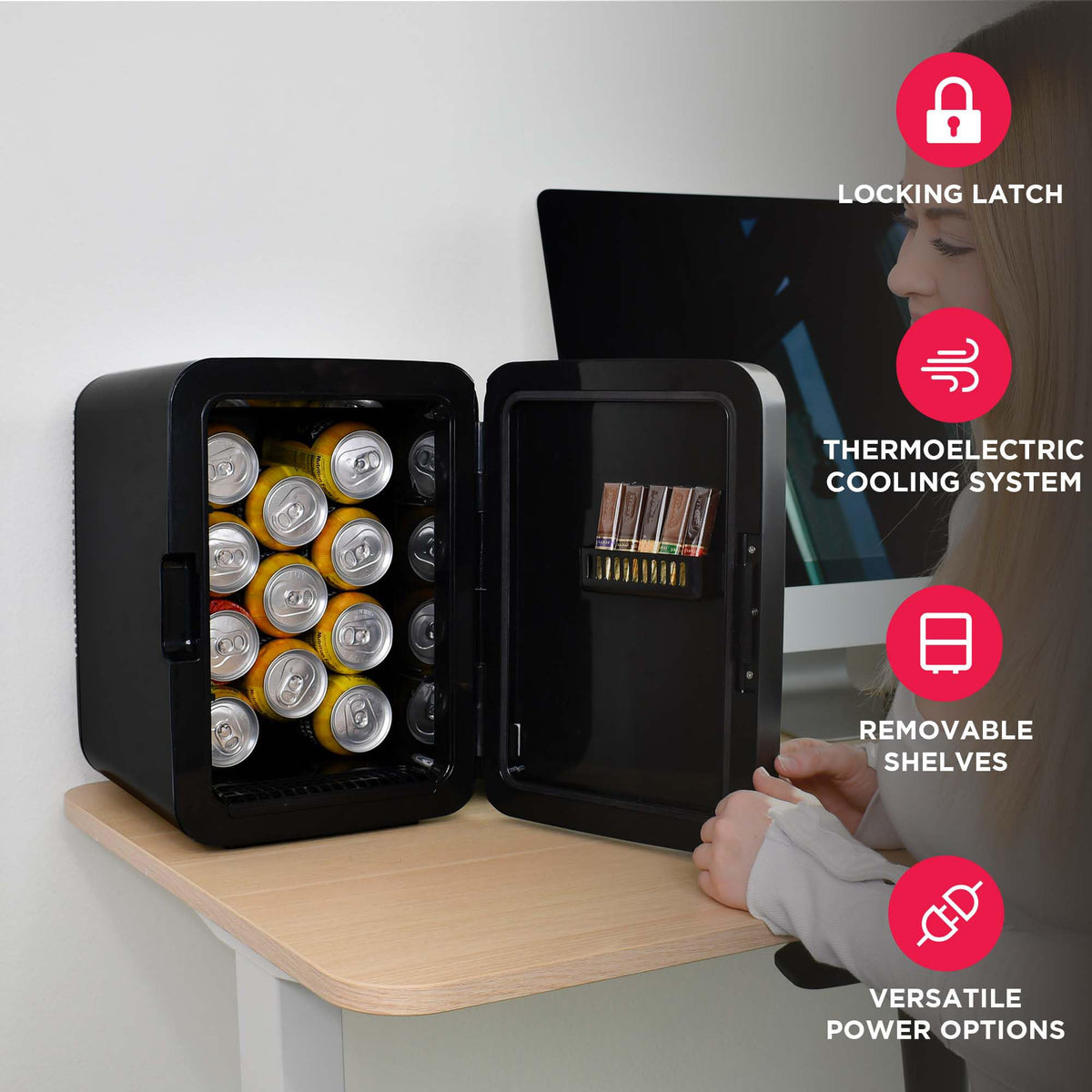 Frigidaire mini fridge skincare-compartment keeps beauty products at stable temperatures.