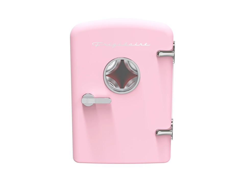 Frigidaire Retro mini fridge front view; compact 6L capacity fits up to 9 cans.