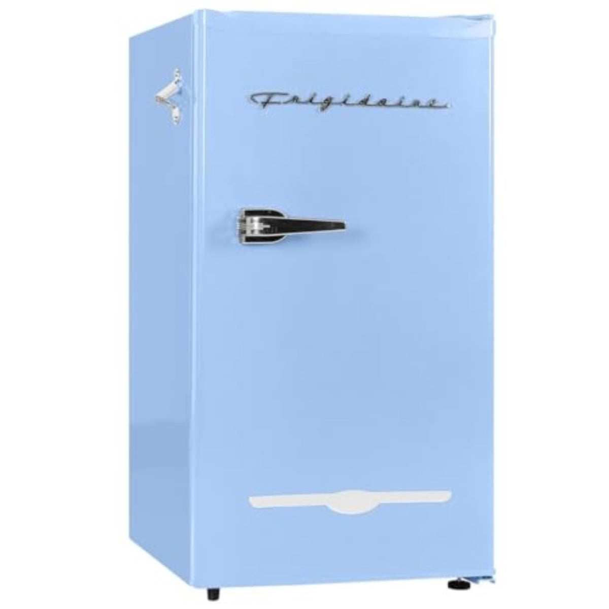 Frigidaire Retro Compact Fridge blue exterior enhances small spaces with retro charm.