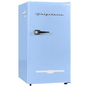 Frigidaire Retro Compact Fridge blue exterior enhances small spaces with retro charm.