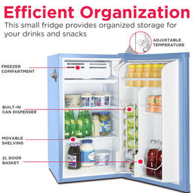 Frigidaire Retro Compact Fridge door basket 2L stores large bottles for easy reach.